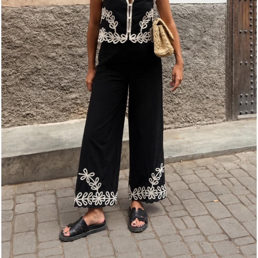 Maison d'Amelie Linen Blend Wide Leg Pants Black Sz 12 Embroidery Boho Resort